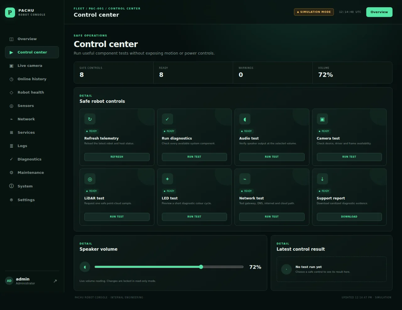Pachu console control centre in simulation mode with diagnostics and application controls