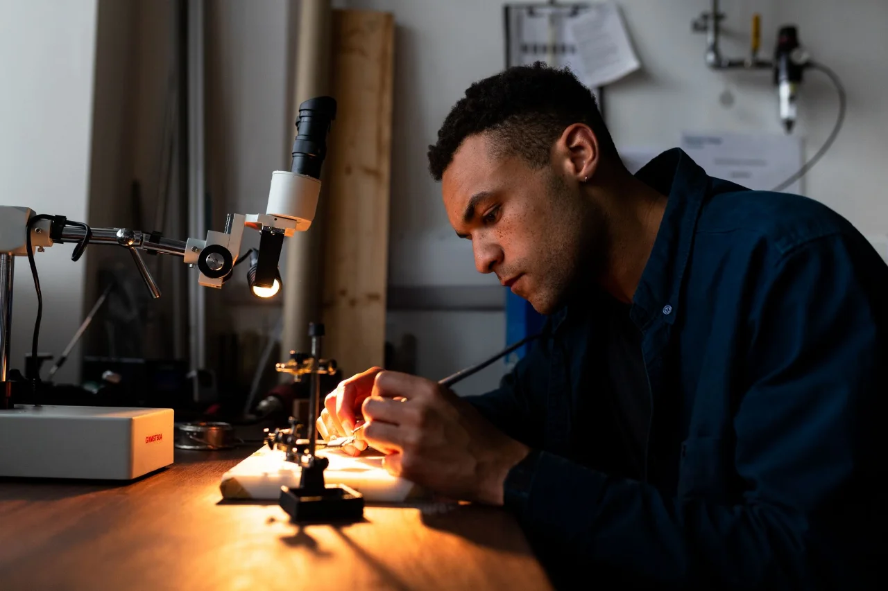 Engineer working with electronics under a lamp in a workshop