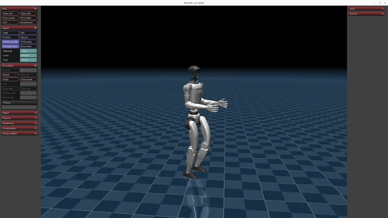 Unitree G1 humanoid shown in the official MuJoCo simulation with a blue checked floor