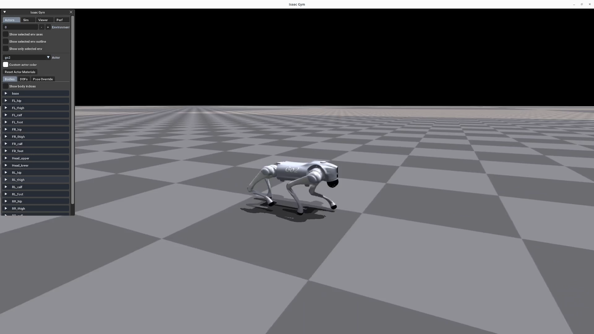 Unitree Go2 quadruped shown in the official Isaac Gym simulation